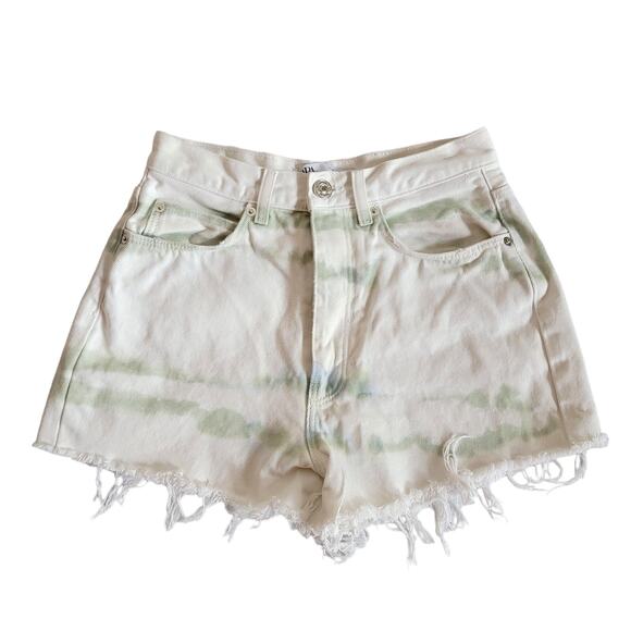 Zara Tie Dye Cut Off White Sage Green Denim Shorts Size 4 - Picture 1 of 7